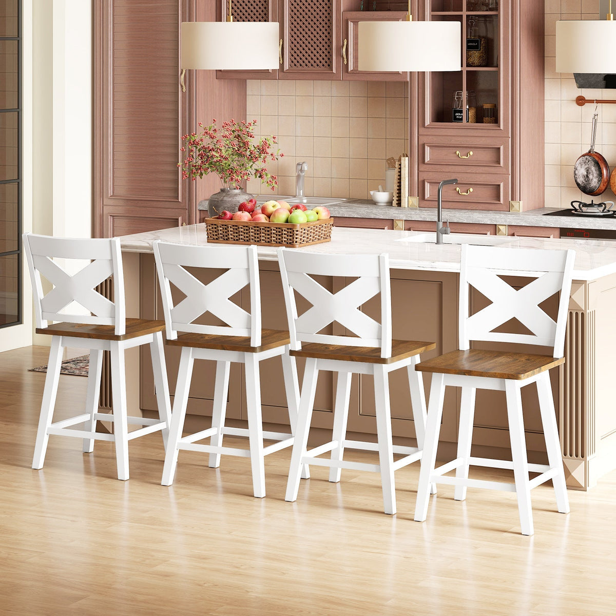 24" Rubberwood Swivel Barstools Set of 4 with Backrest and Large Seat