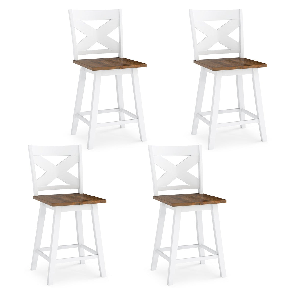 24" Rubberwood Swivel Barstools Set of 4 with Backrest and Large Seat