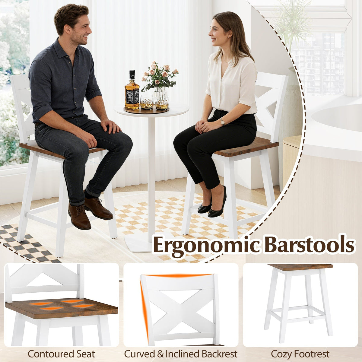 24" Rubberwood Swivel Barstools Set of 4 with Backrest and Large Seat