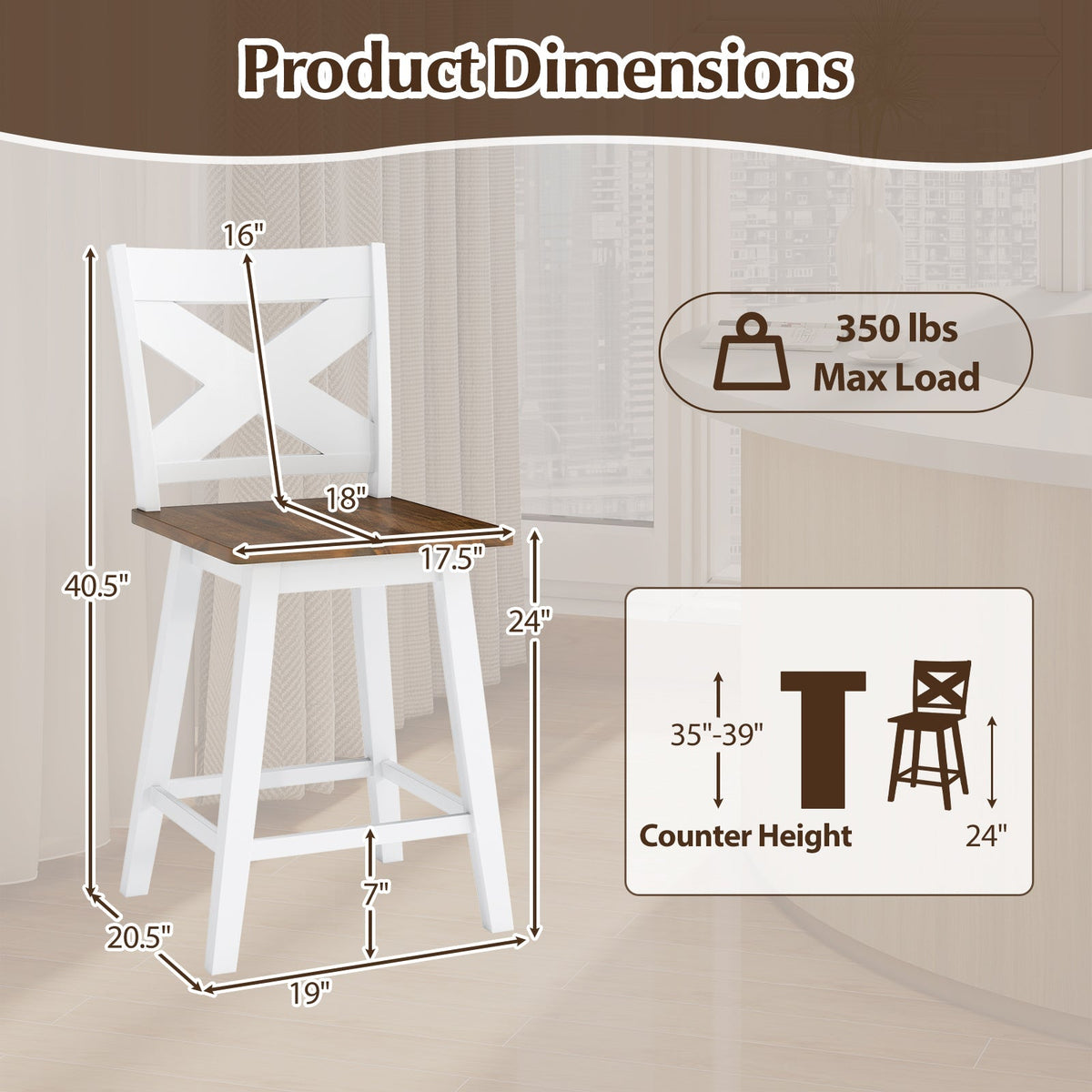 24" Rubberwood Swivel Barstools Set of 4 with Backrest and Large Seat