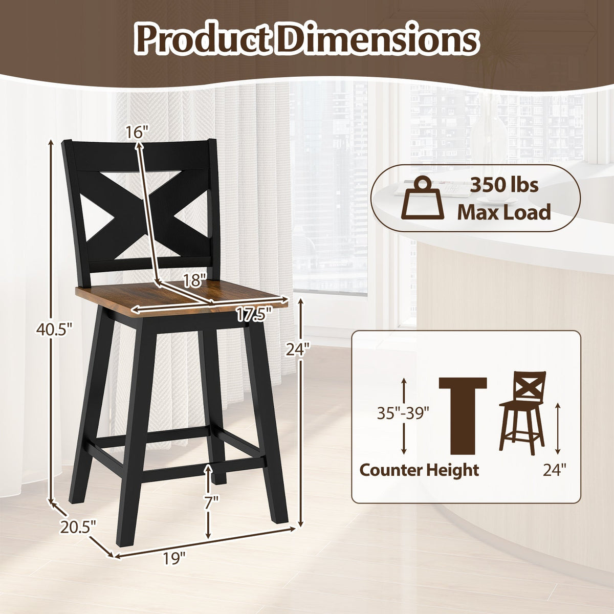 24" Rubberwood Swivel Barstools Set of 4 with Backrest and Large Seat