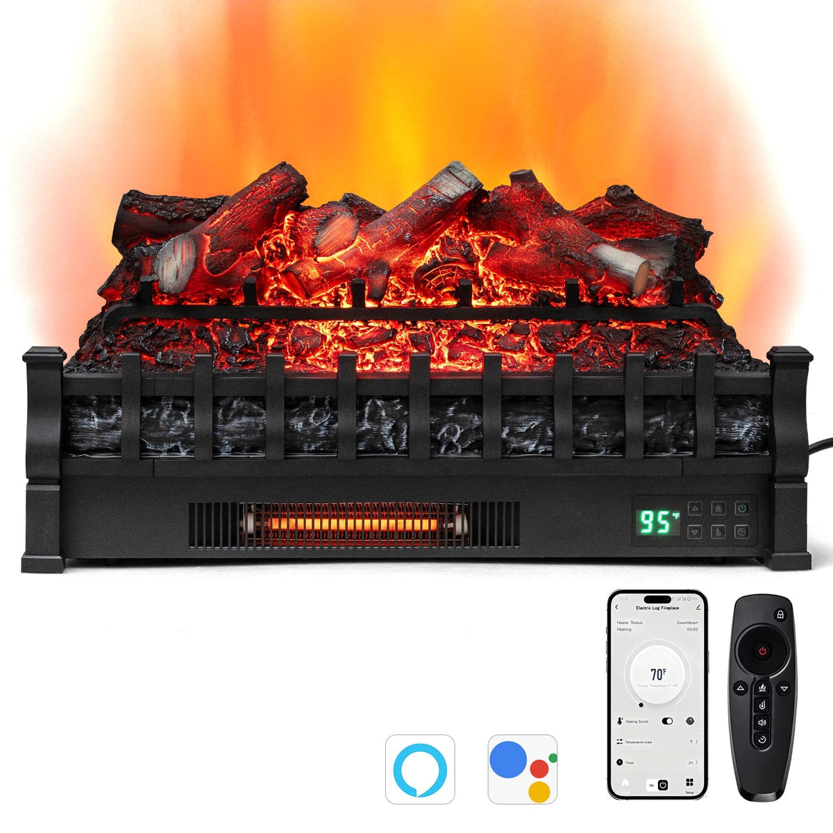 26 Inch WiFi Infrared Quartz Electric Fireplace Insert Logs Heater with Realistic Lemonwood Logs-Black