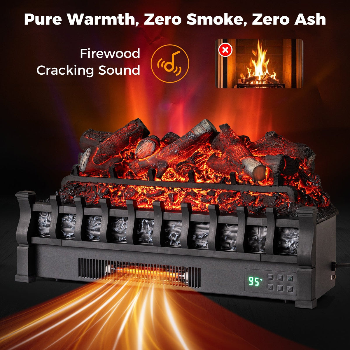 26 Inch WiFi Infrared Quartz Electric Fireplace Insert Logs Heater with Realistic Lemonwood Logs-Black