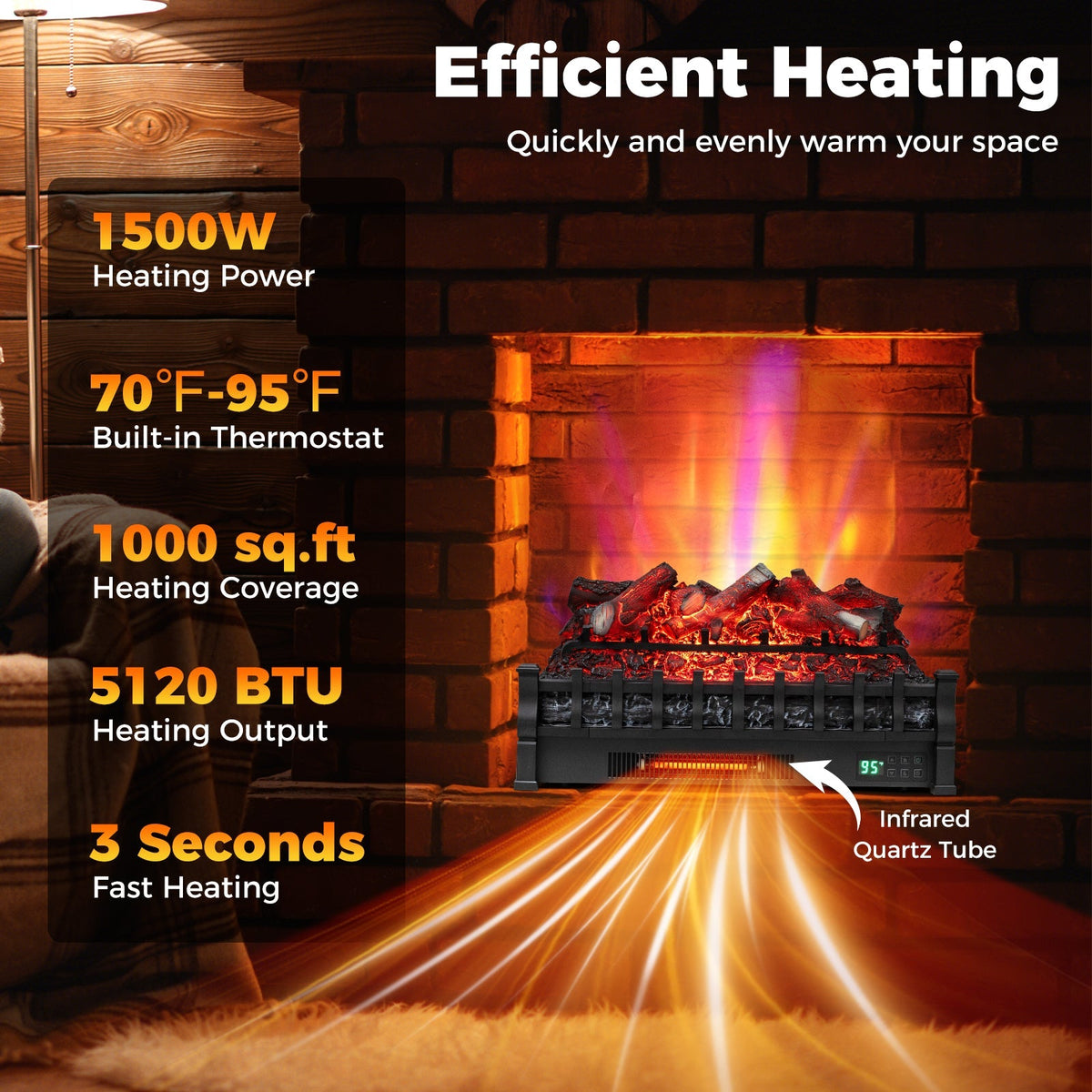 26 Inch WiFi Infrared Quartz Electric Fireplace Insert Logs Heater with Realistic Lemonwood Logs-Black