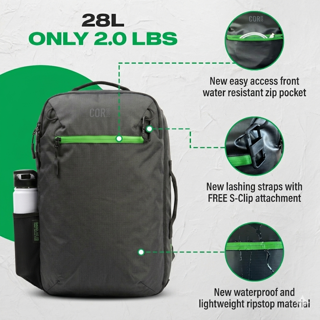 Mochila de viaje Island Hopper 2.0 – Nuevo negro mate | Ligera e impermeable de 28L y 34L