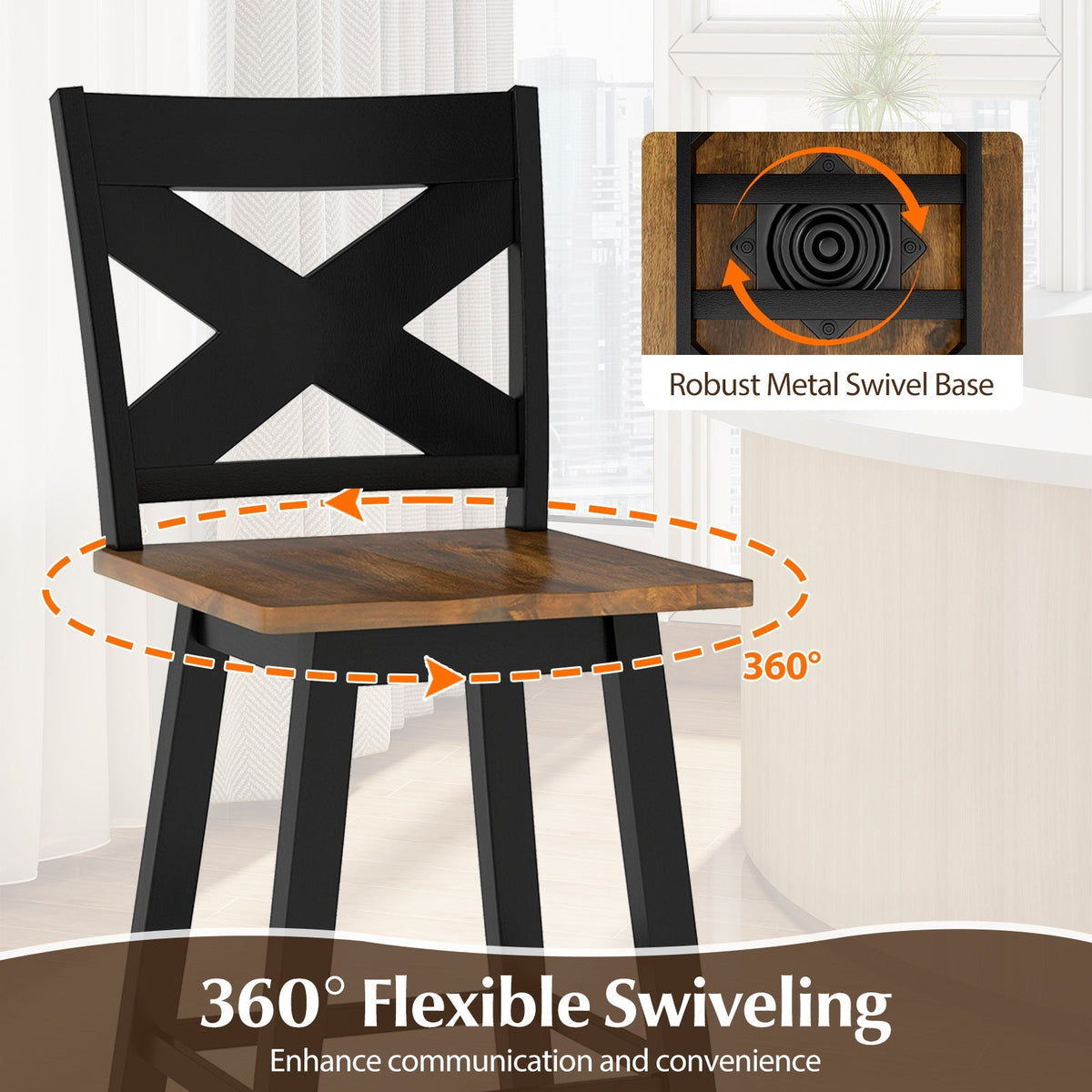 29" Rubberwood Swivel Barstools Set of 4 with Backrest and Large Seat