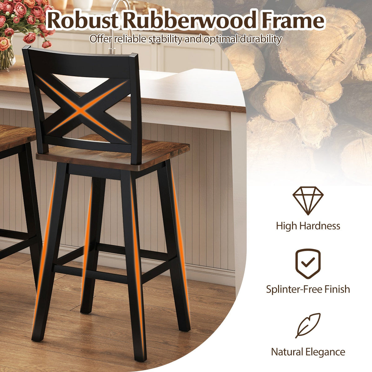 29" Rubberwood Swivel Barstools Set of 4 with Backrest and Large Seat