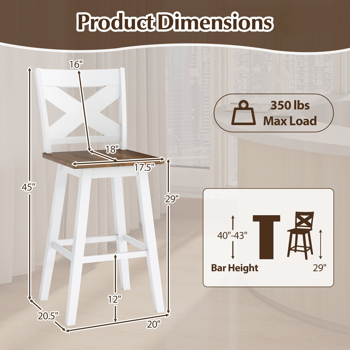 29" Rubberwood Swivel Barstools Set of 4 with Backrest and Large Seat