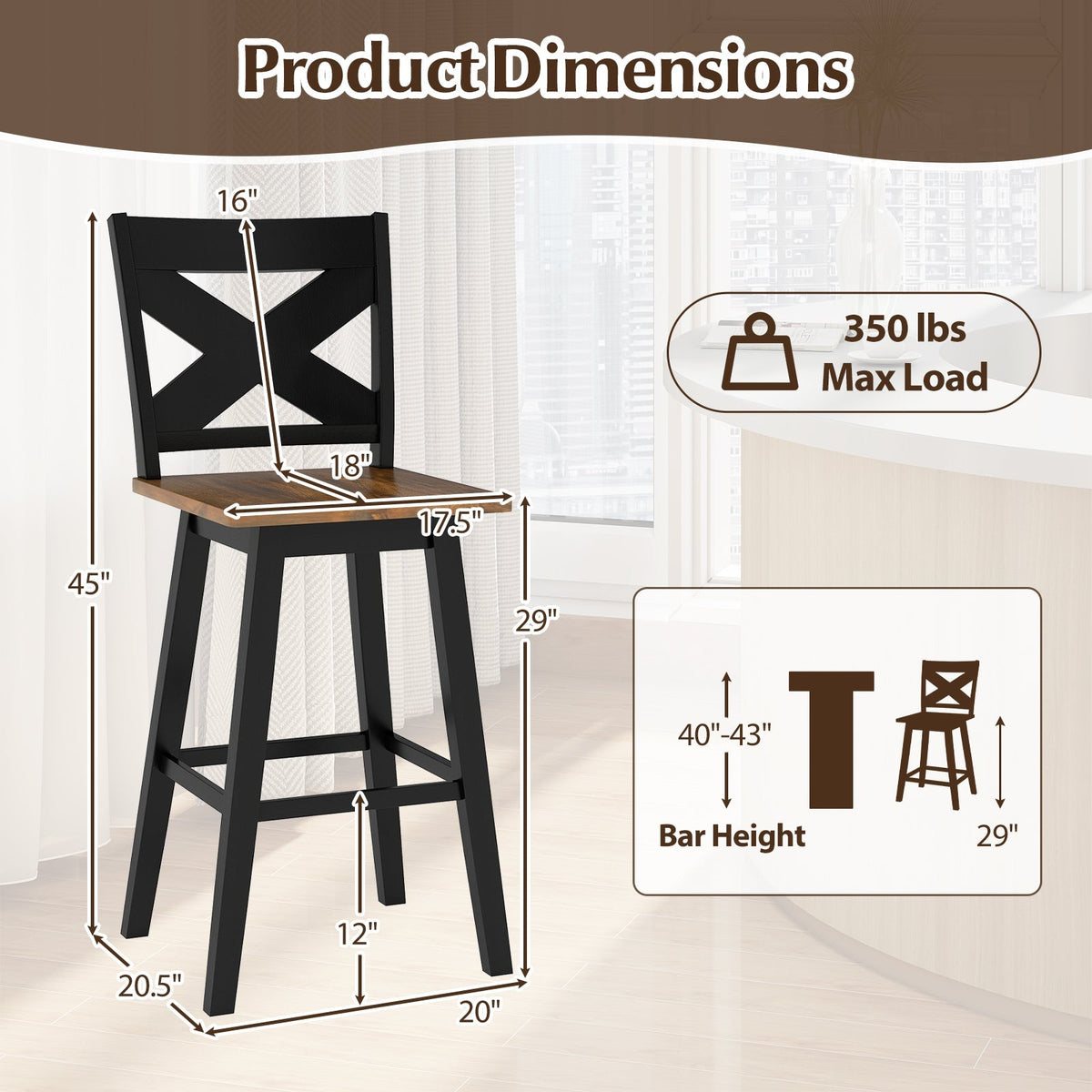 29" Rubberwood Swivel Barstools Set of 4 with Backrest and Large Seat