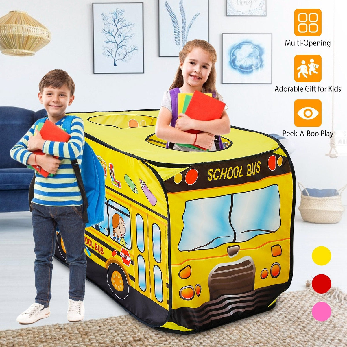 Kids Play Tent Foldable Pop Up School Bus Tent Portable Children Baby Play House W/ Carry Bag For Indoor Outdoor Use