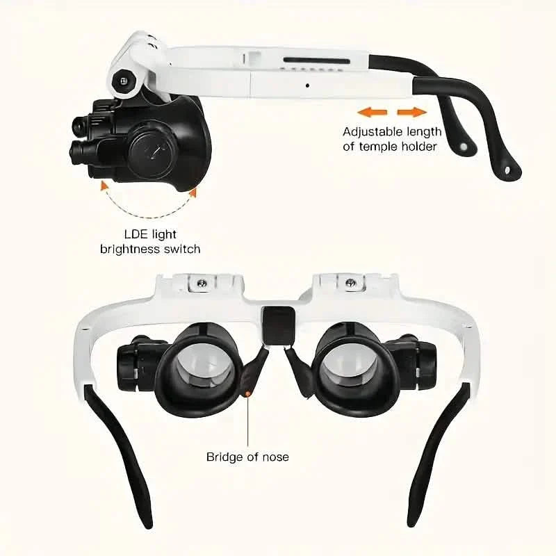 2-LED Head-Mounted Magnifier Glasses – 8x/15x/23x with Repair Light