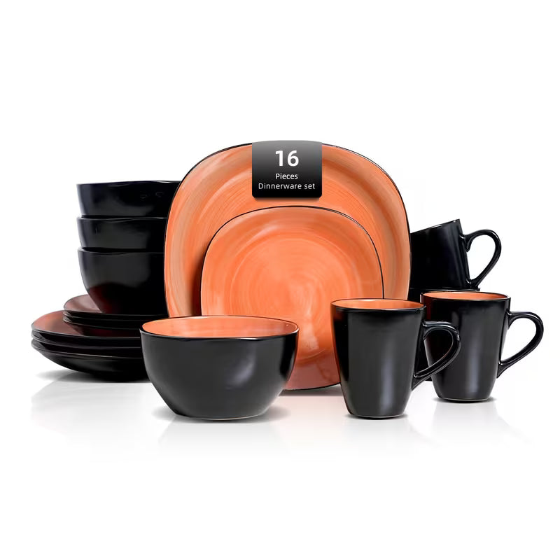 16-Piece Square Stoneware Dinnerware Set with Black Trim
