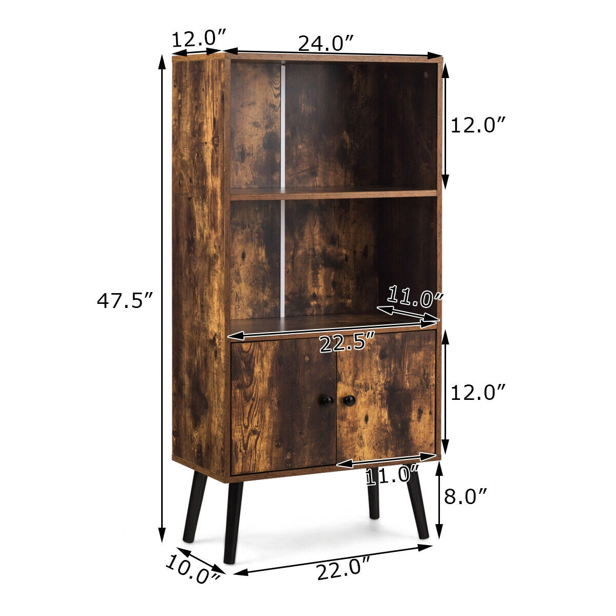 2-Tier Retro Bookcase Bookshelf with 3 Compartment-Coffee
