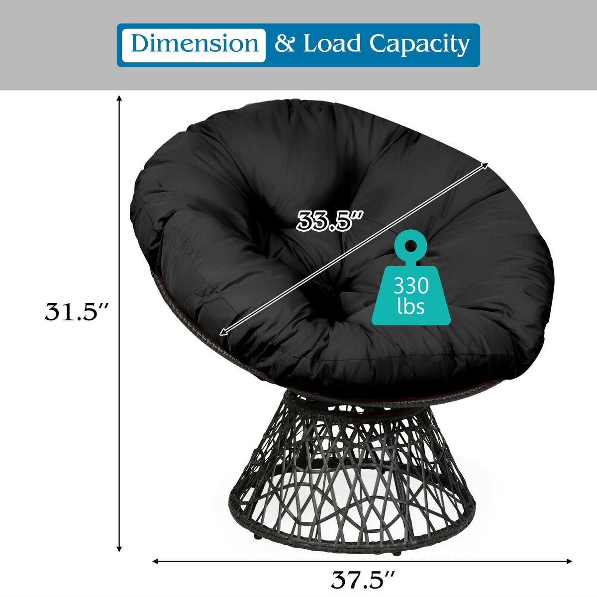 Rattan Papasan Chair Ergonomic 360-degree Swivel Soft Cushion Garden