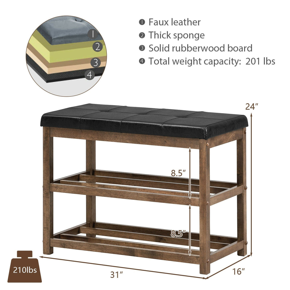 2-Tier Wooden Shoe Rack Bench with Padded Seat