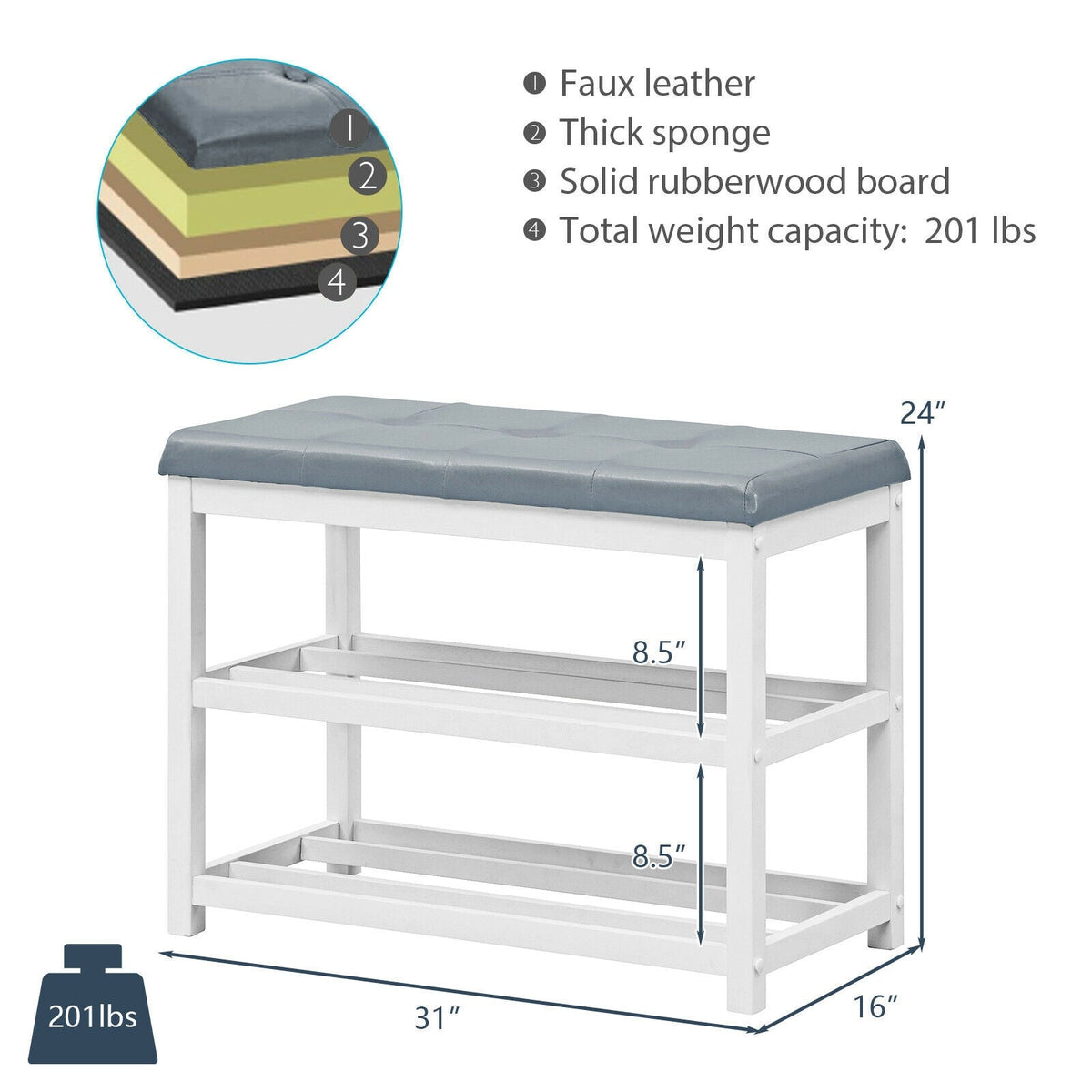 2-Tier Wooden Shoe Rack Bench with Padded Seat