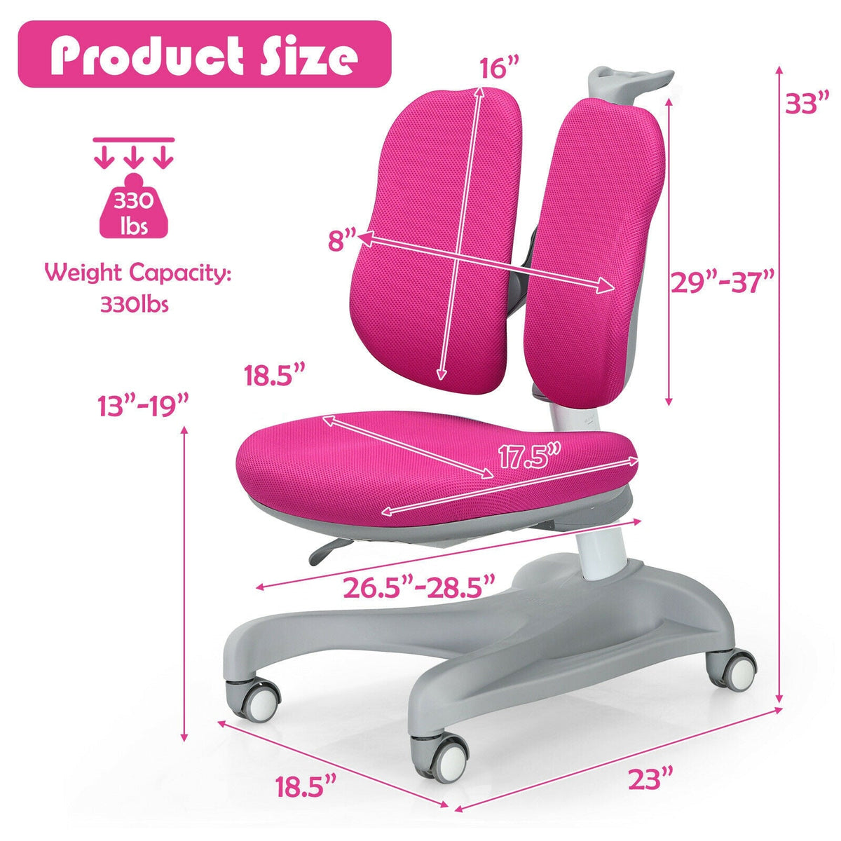 Adjustable Height Student Chair with Sit-Brake Casters and Lumbar Support for Home and School