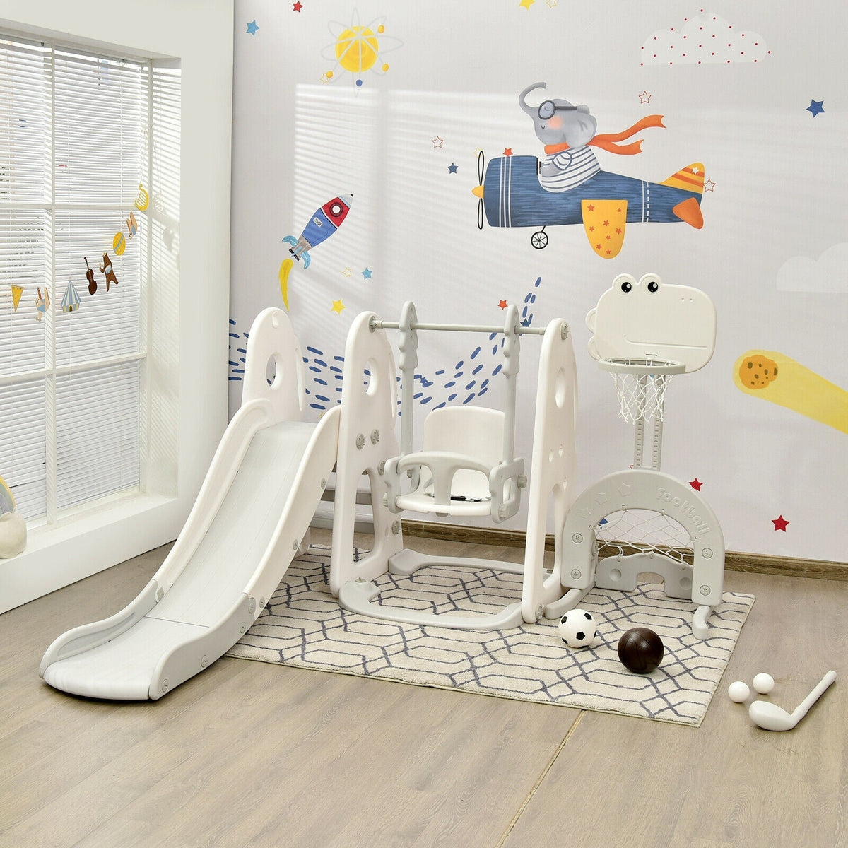 6 in 1 Toddler Slide and Swing Set with Ball Games