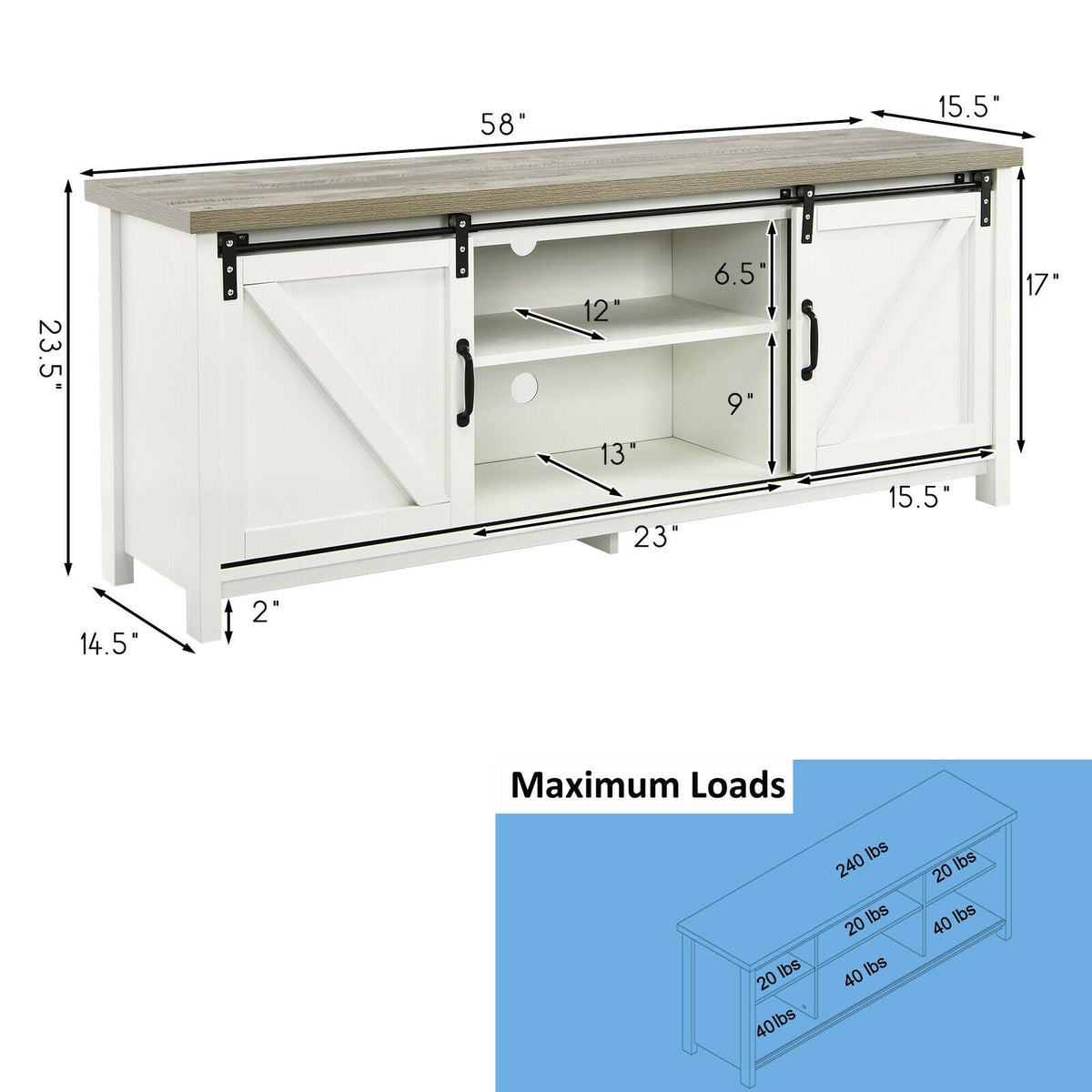 TV Stand Media Center Console Cabinet with Sliding Barn Door