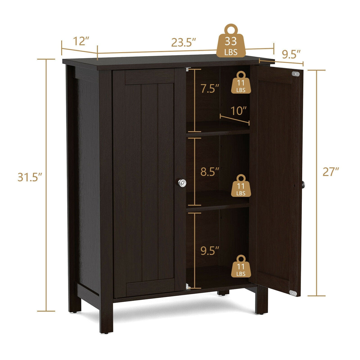 2-Door Bathroom Floor Storage Cabinet Space Saver Organizer