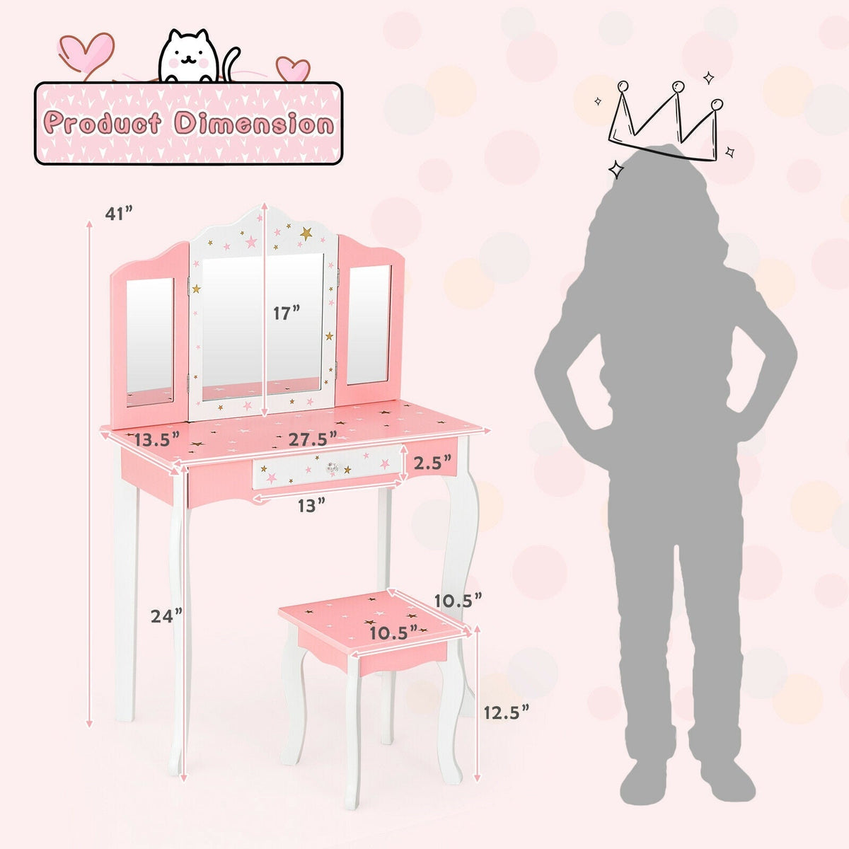 Tocador y taburete de princesa para niños con espejo de tres pliegues y cajón