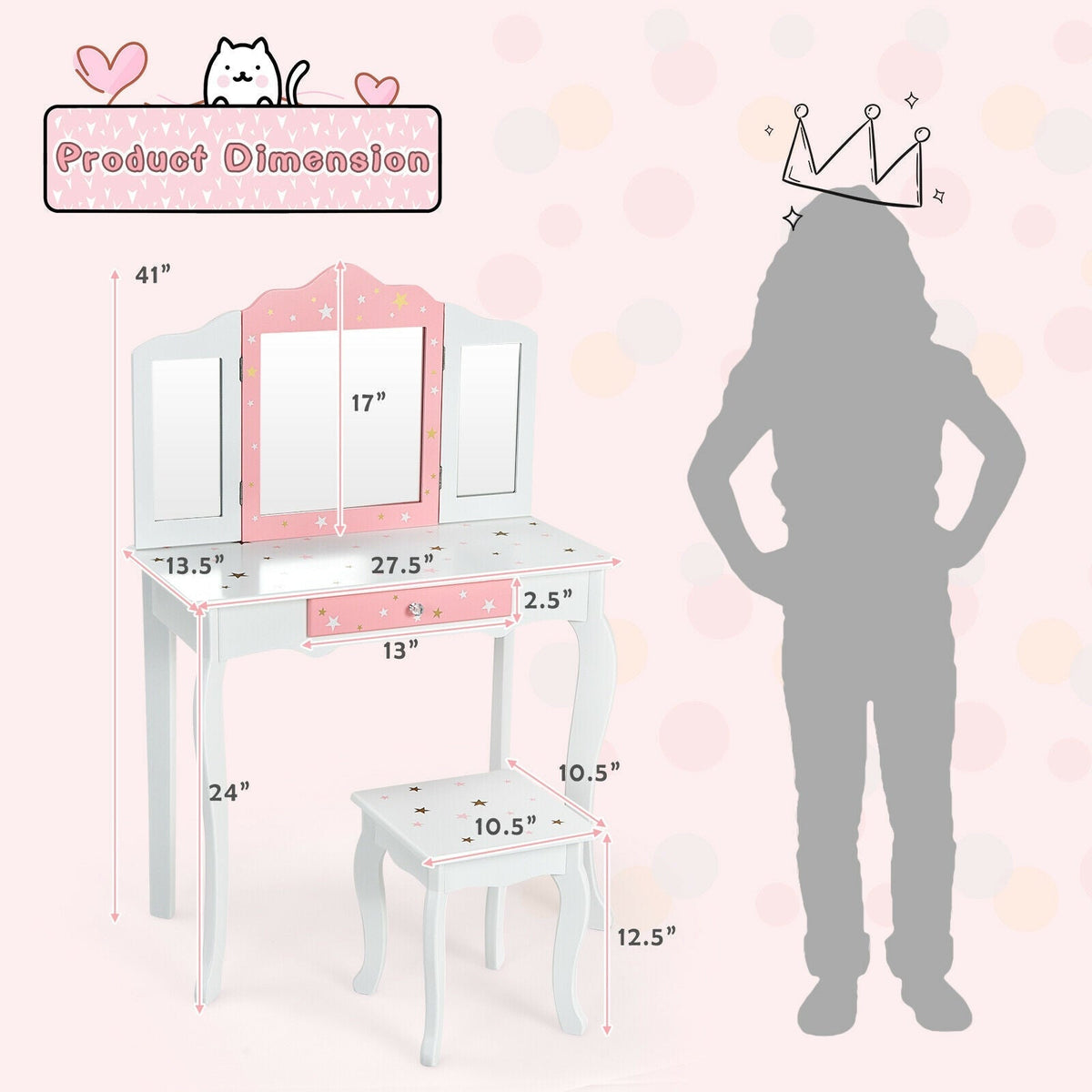 Tocador y taburete de princesa para niños con espejo de tres pliegues y cajón