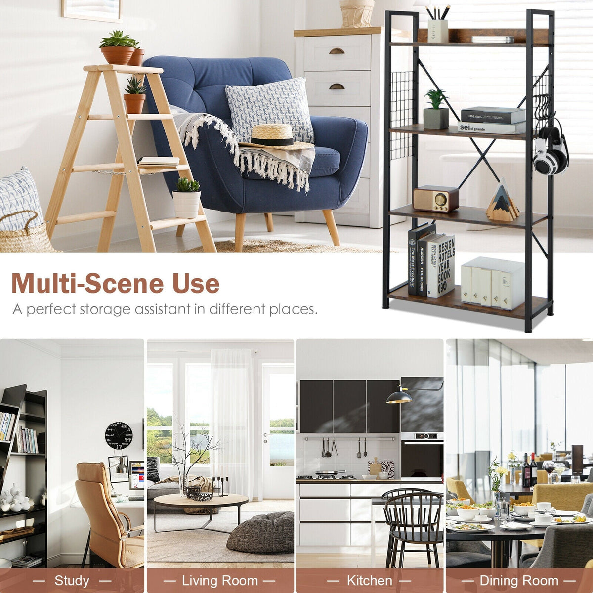 4 -Tier Industrial Open Storage Bookshelf-Coffee