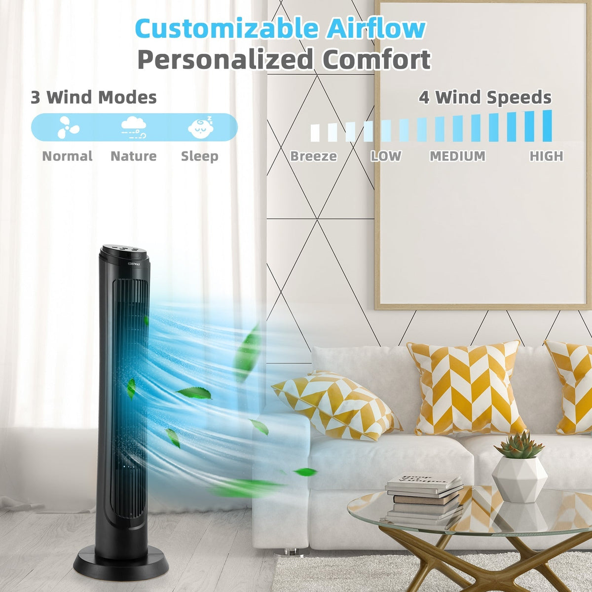 40 Inch Tower Fan with Remote 75Àö Oscillating Fan with 3 Wind Modes and 4 Wind Speeds-Black