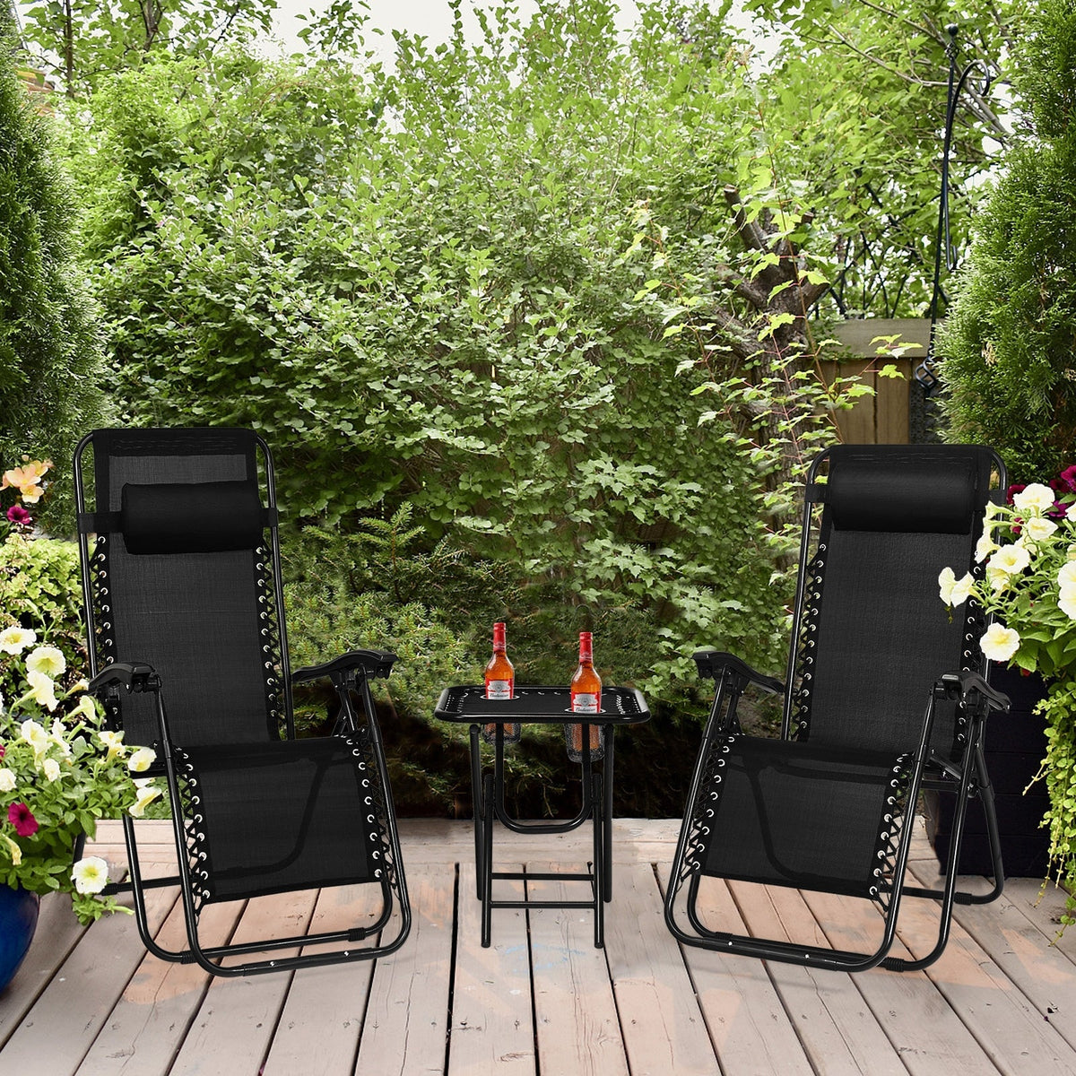 3 Pieces Folding Portable Zero Gravity Reclining Lounge Chairs Table Set