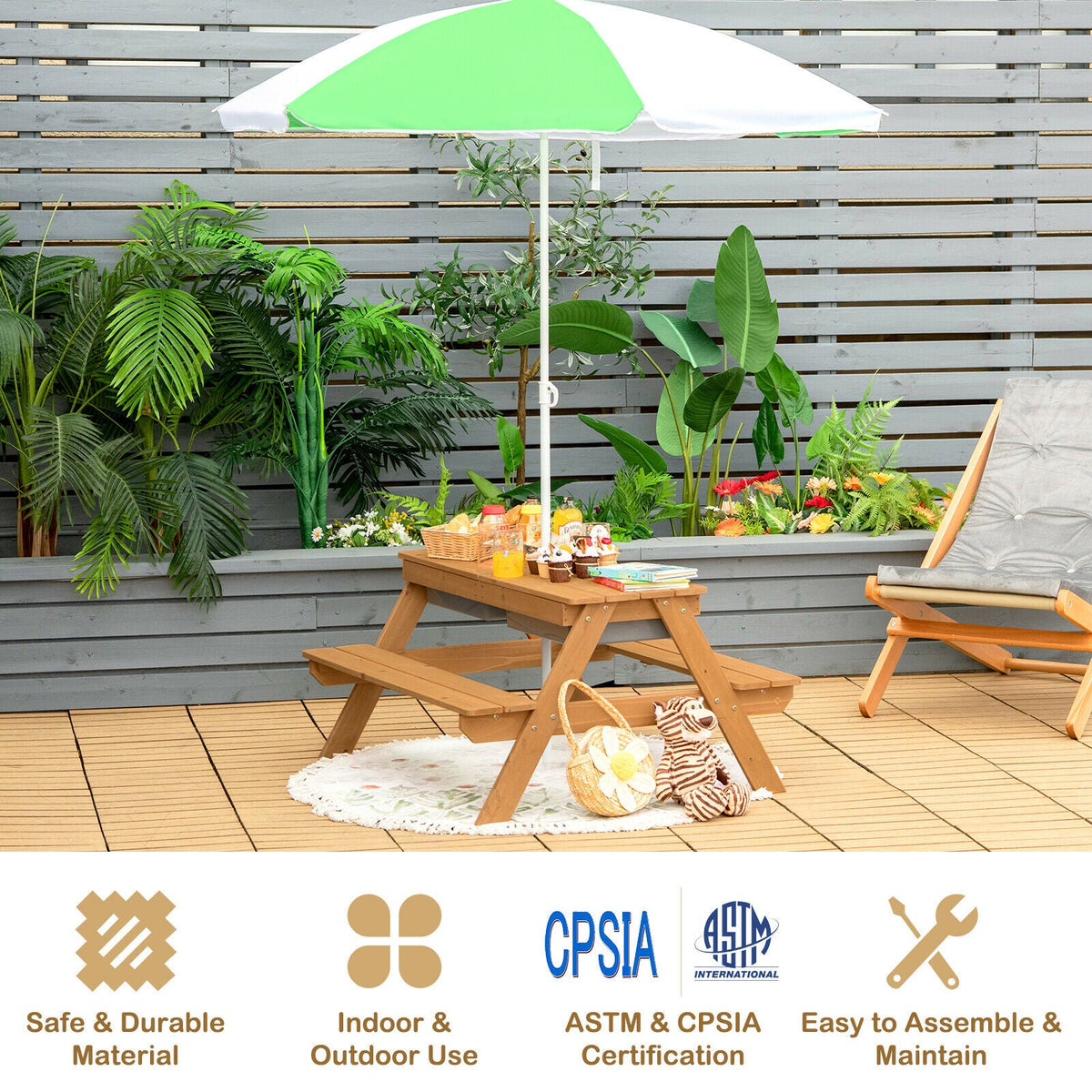 3-in-1 Kids Outdoor Picnic Water Sand Table with Umbrella Play Boxes-Green