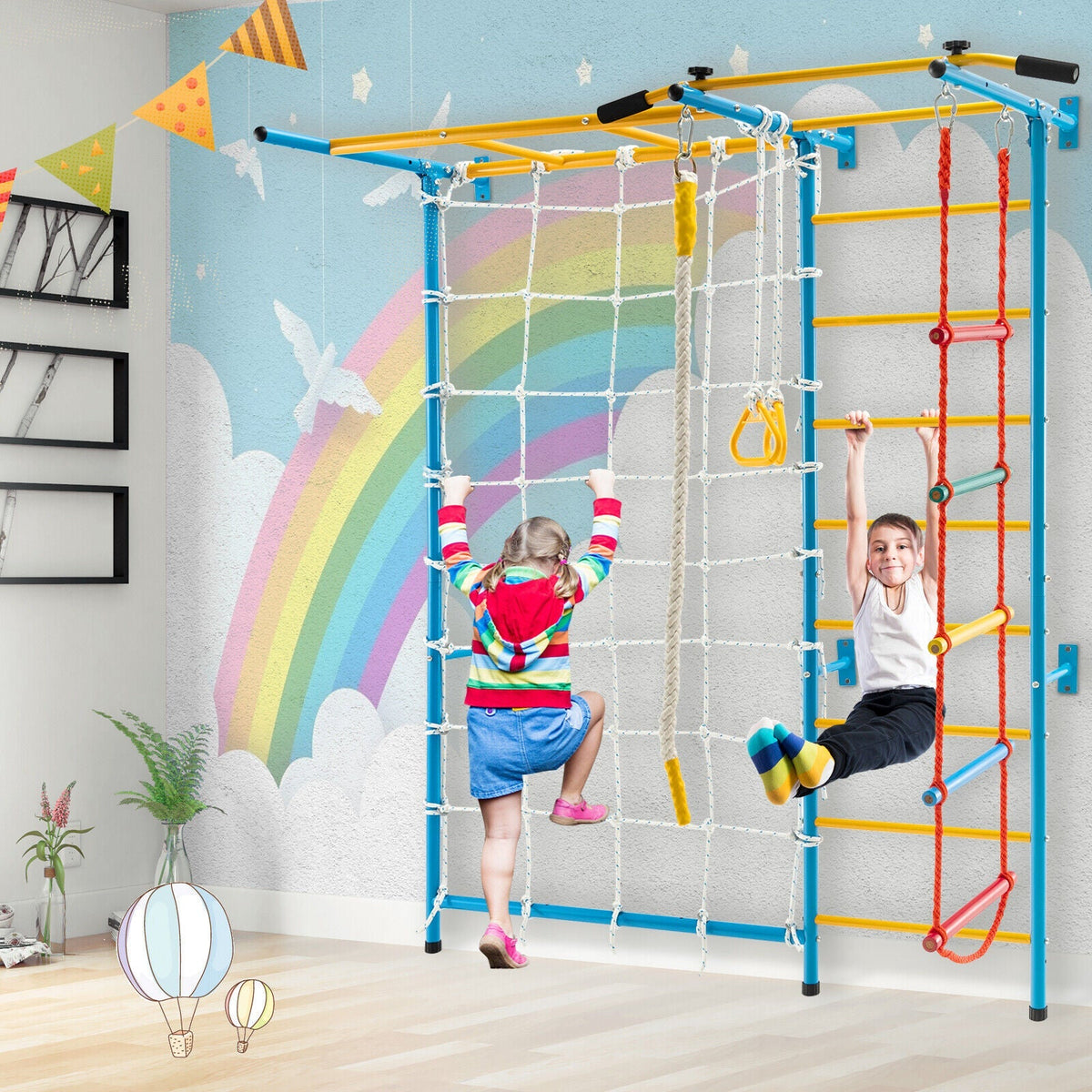 7 en 1 Parque de juegos infantil de interior para niños con escalera de pared sueca para pared sólida - Amarillo