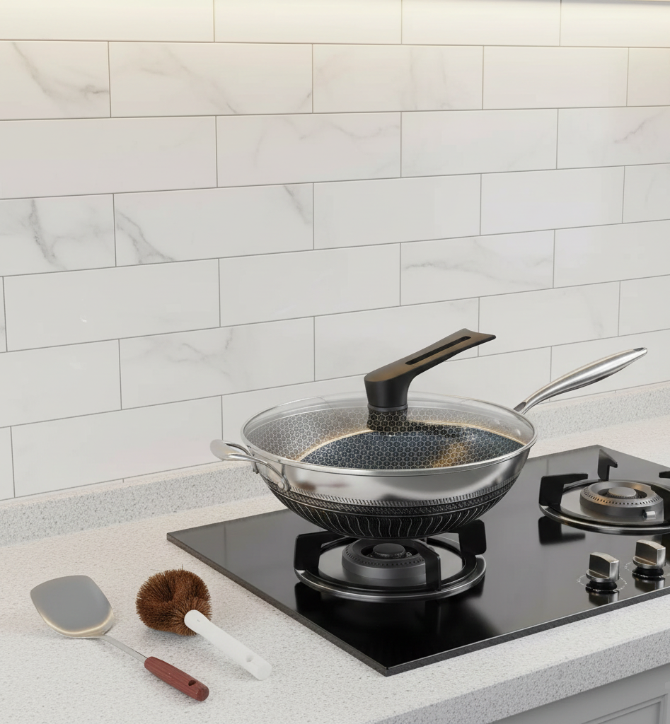 Sartén Wok de Acero Inoxidable de 33,8 cm con Tapa y Espátula – Antiadherente – Para Todo Tipo de Cocinas