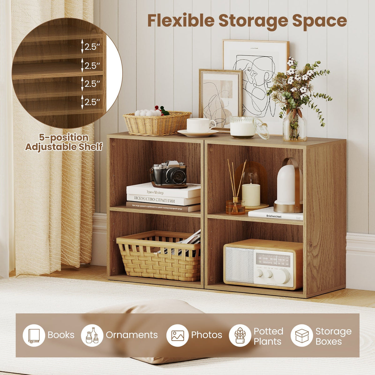 2-Cube Bookcase Floor Standing Open Bookshelf with 5-Position Adjustable Shelf