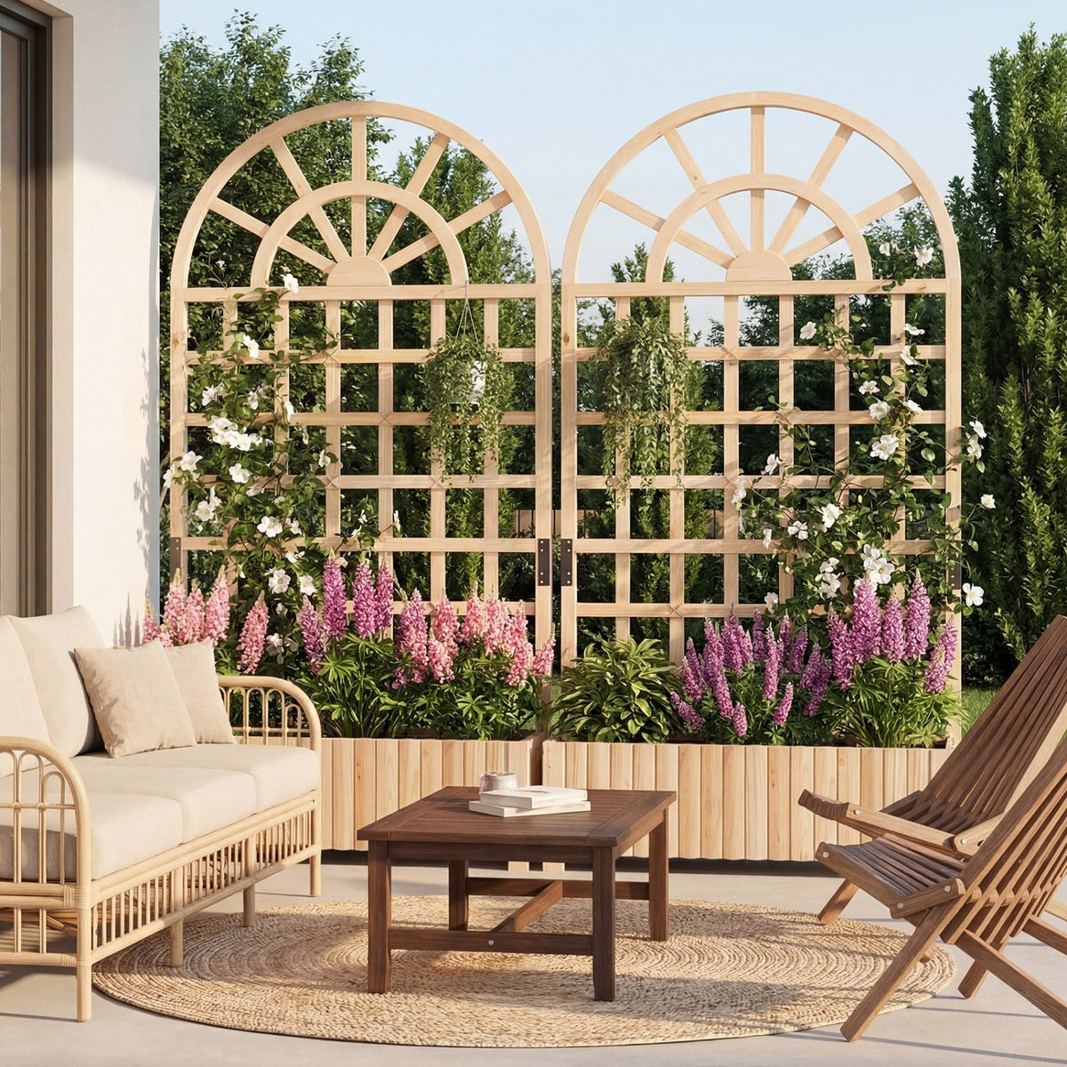 Set of 2 Wooden Raised Garden Bed with Trellis 71" Outdoor Planter Box Privacy Screen
