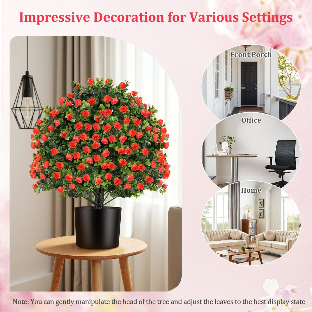 2 Pack Artificial Rose Topiary Ball Tree Faux Shrub Bushes with Flowers-Red