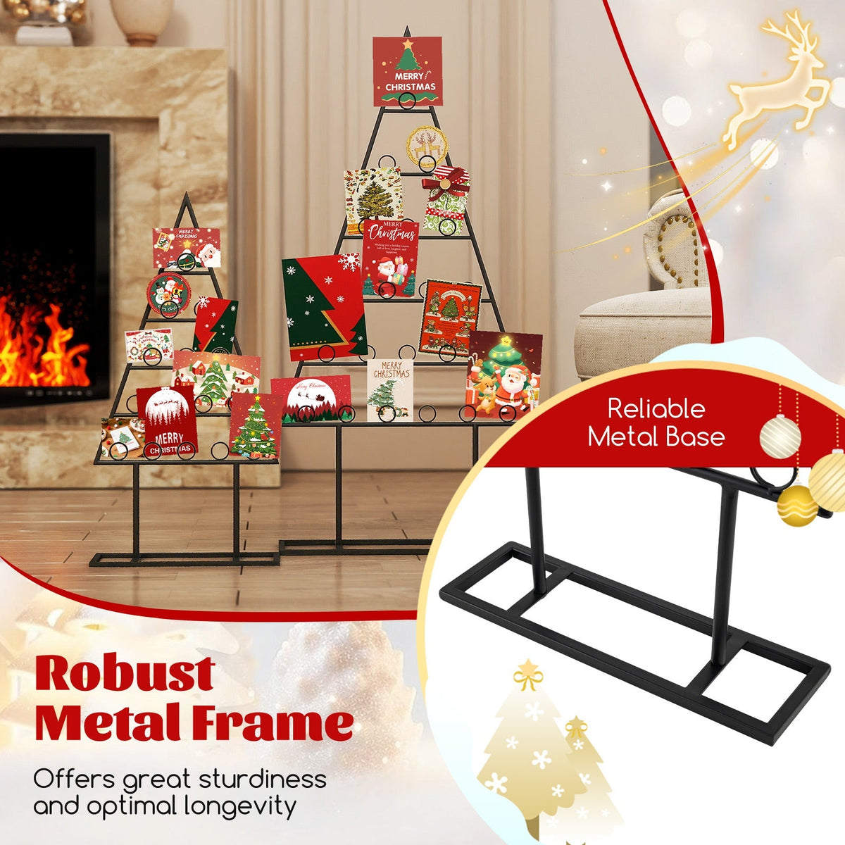 2 Pack Christmas Tree Photo Holder with 36 Round Clips and Metal Hanging Rack-Black