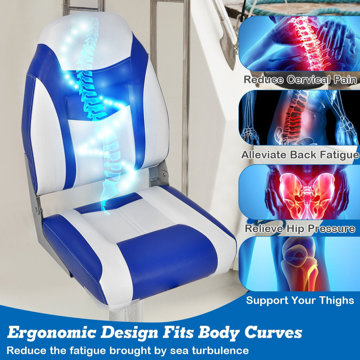 2 Pieces High Back Folding Boat Seat Set with Sponge Cushion