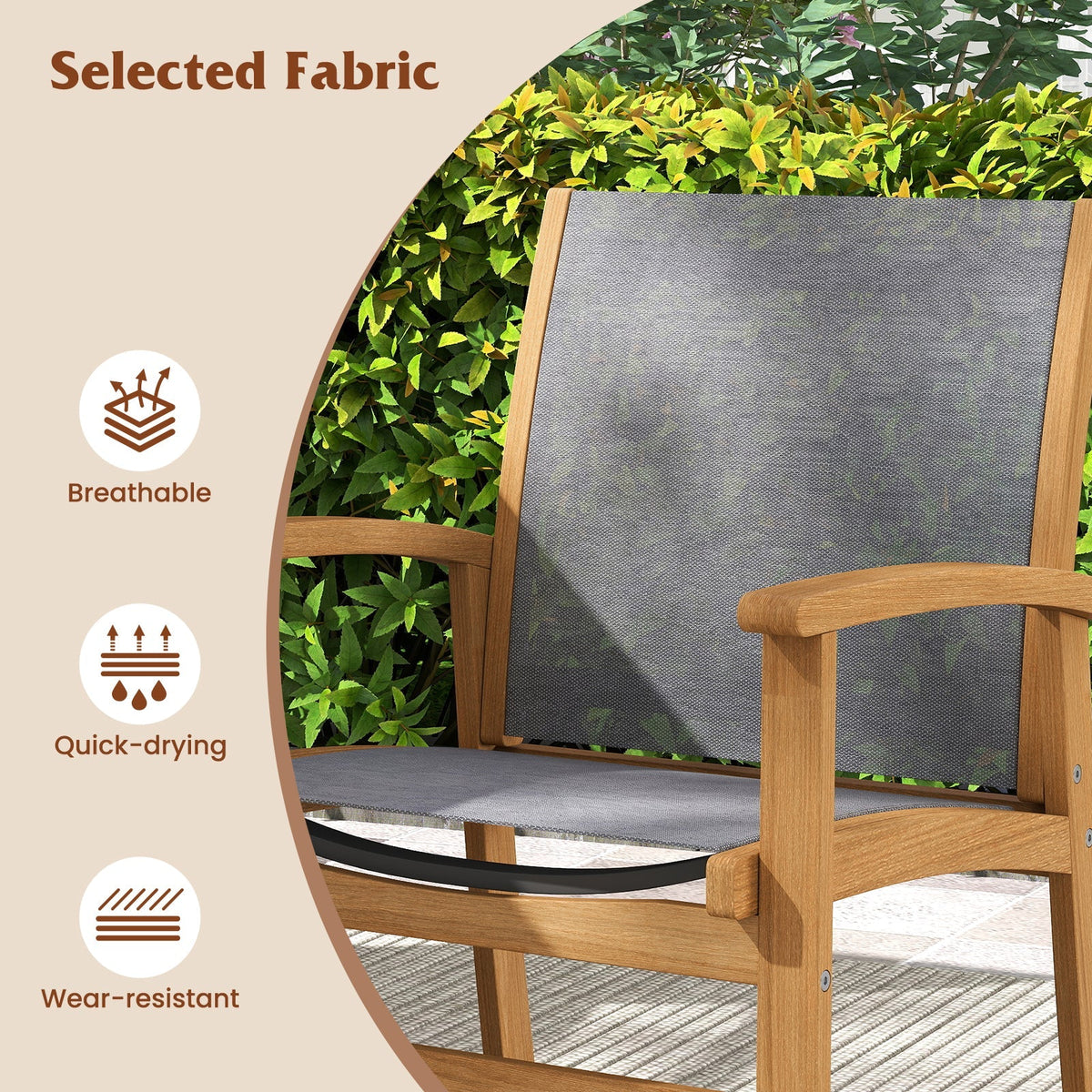 Patio Chairs Set of 2 Acacia Wood Armchairs with Breathable Fabric Back and Seat