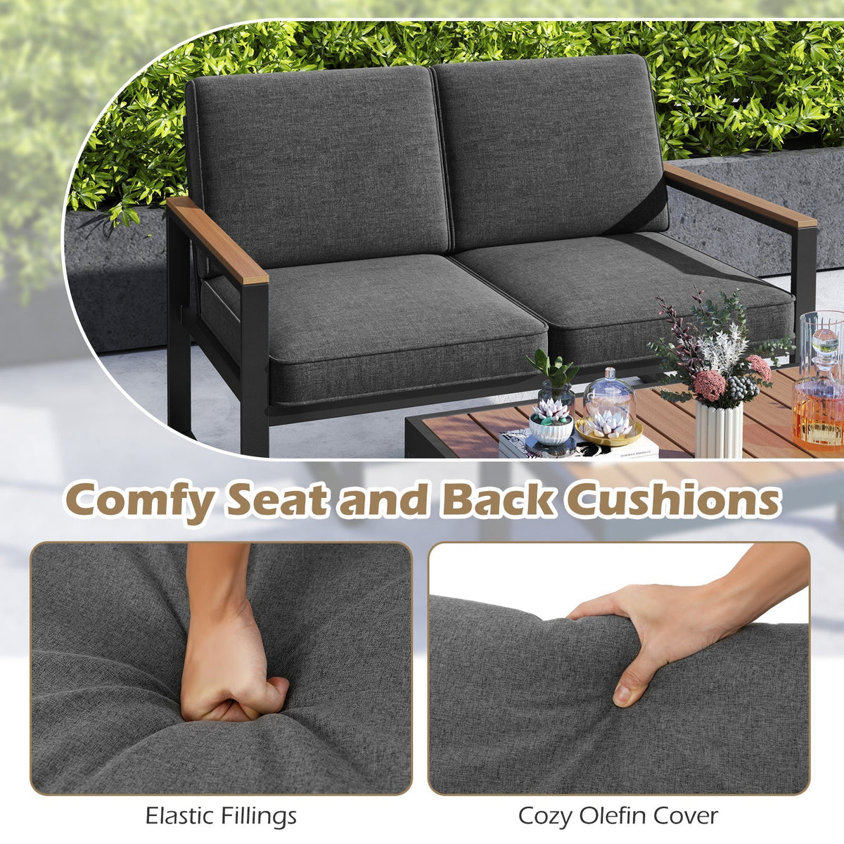 2 Piece Patio Aluminum Furniture Set with Wood-Plastic Armrests and Tabletop-Gray