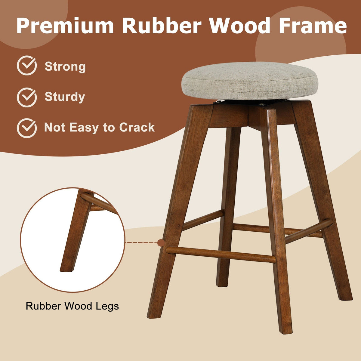 2 Pieces 26 Inch Backless Swivel Barstools with Linen Fabric Seat-Beige