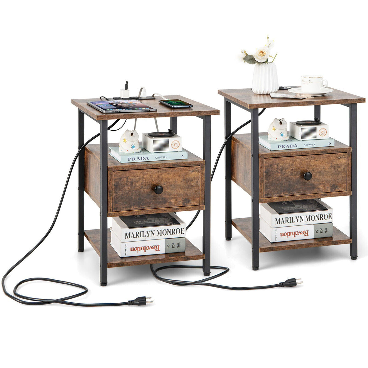 1/2 Pieces 3-Tier Nightstand with Charging Station and Drawer