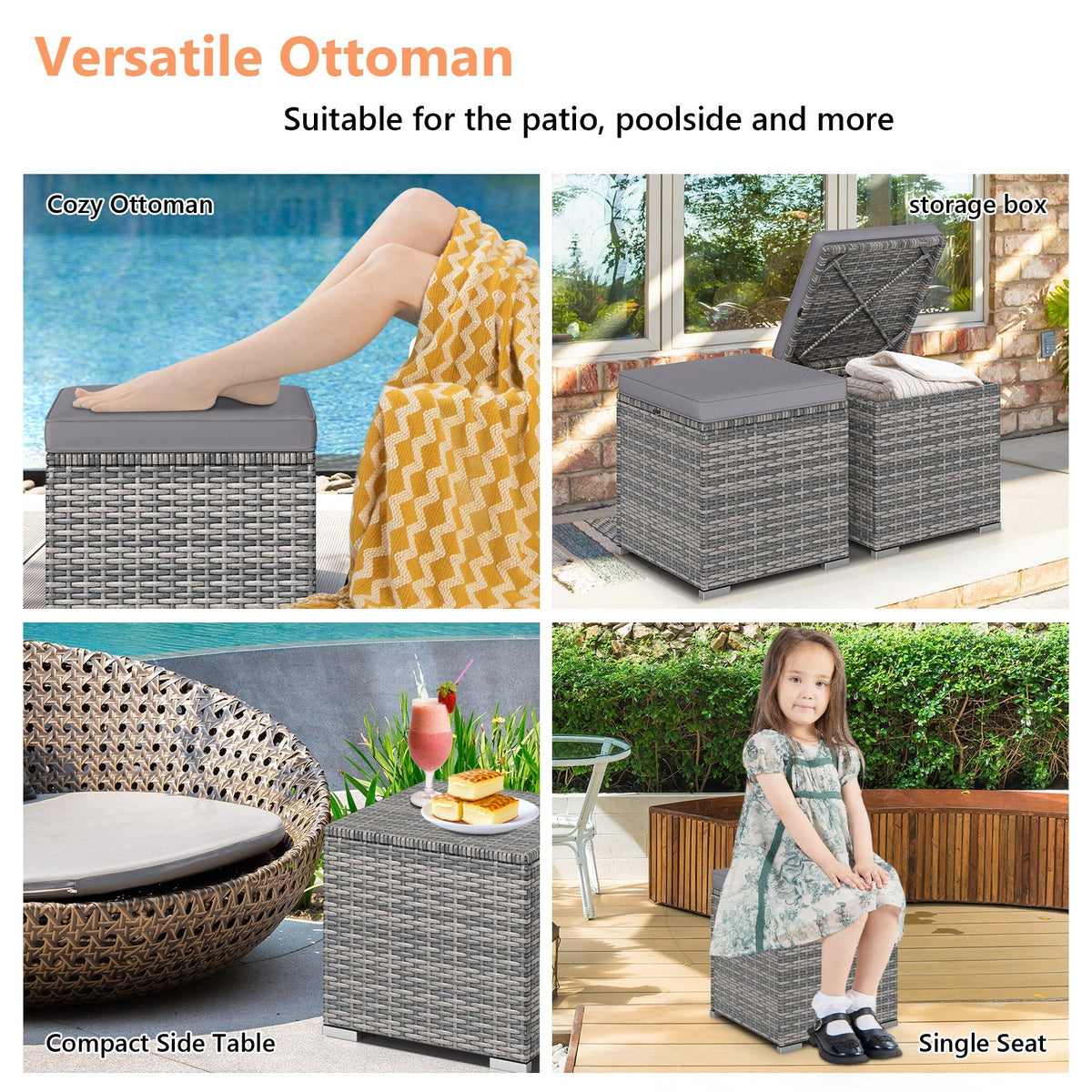 2 Pieces Patio Ottoman with Hidden Storage Space-Mix Grey