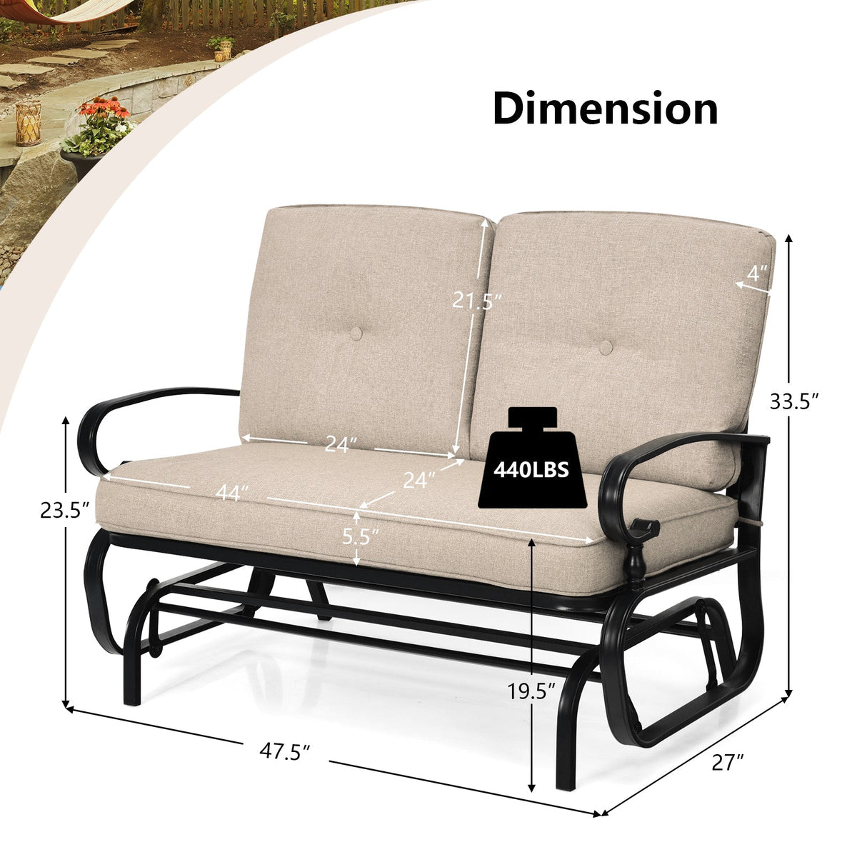 2 Seats Outdoor Swing Glider Chair with C