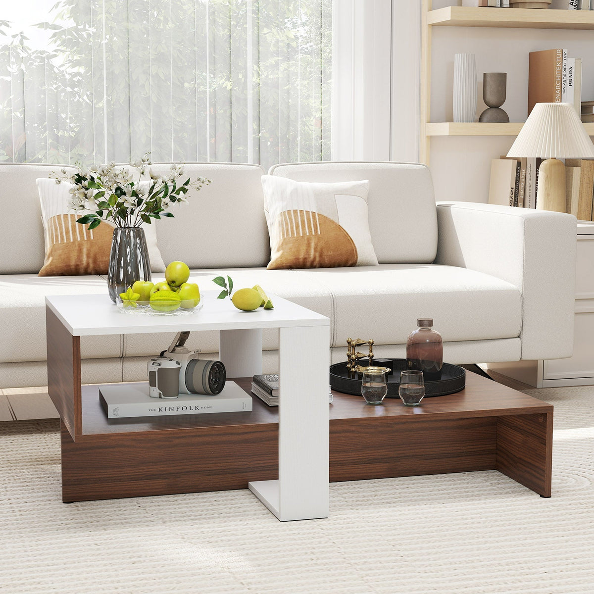 2-Tier Geometric Coffee Table with Storage Shelves for Living Room and Reception Room-White and Brown