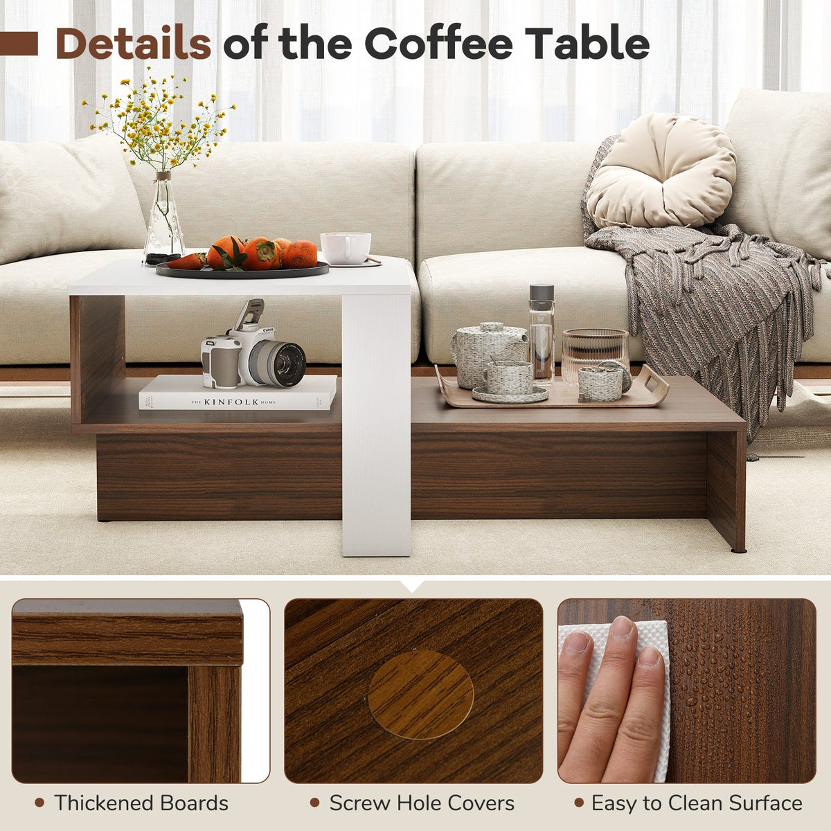 2-Tier Geometric Coffee Table with Storage Shelves for Living Room and Reception Room-White and Brown