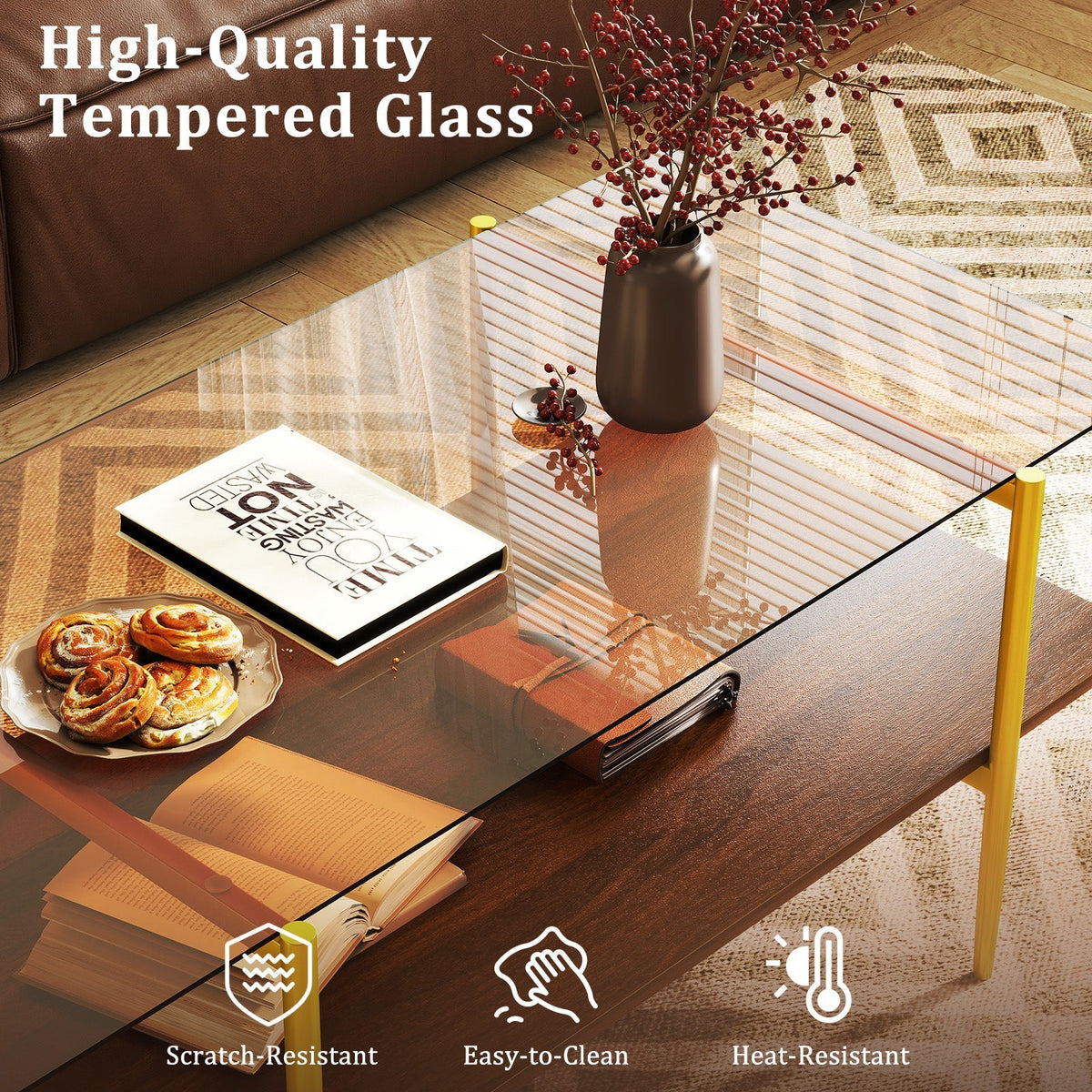 2-Tier Glass Coffee Table with Tampered Glass Tabletop and Open Storage Shelf-Brown