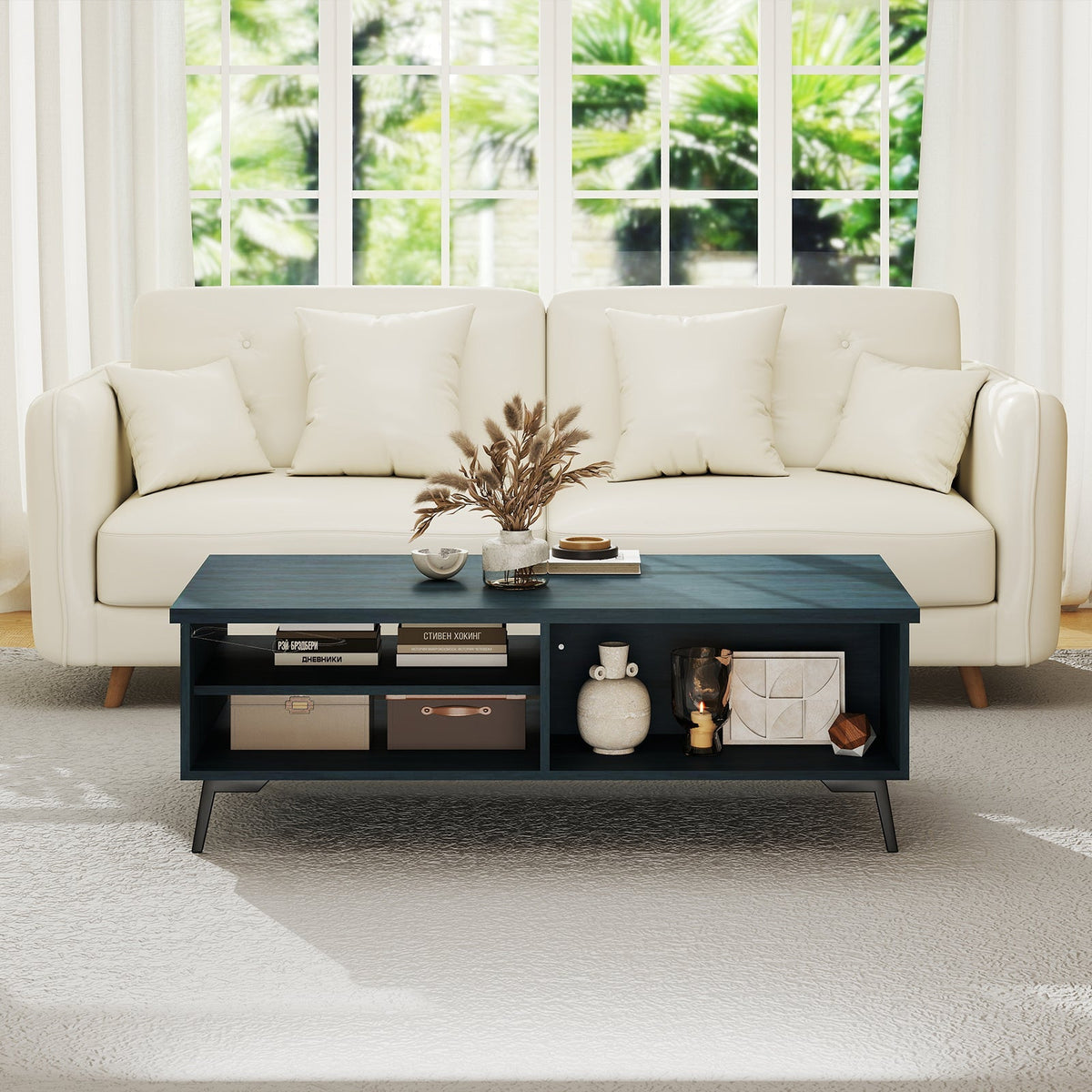 2-Tier Mid Century Modern Coffee Table with Storage Shelves Compartments