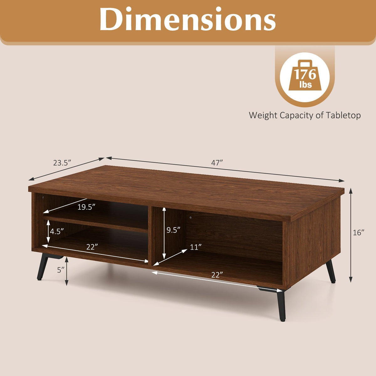 2-Tier Mid Century Modern Coffee Table with Storage Shelves Compartments