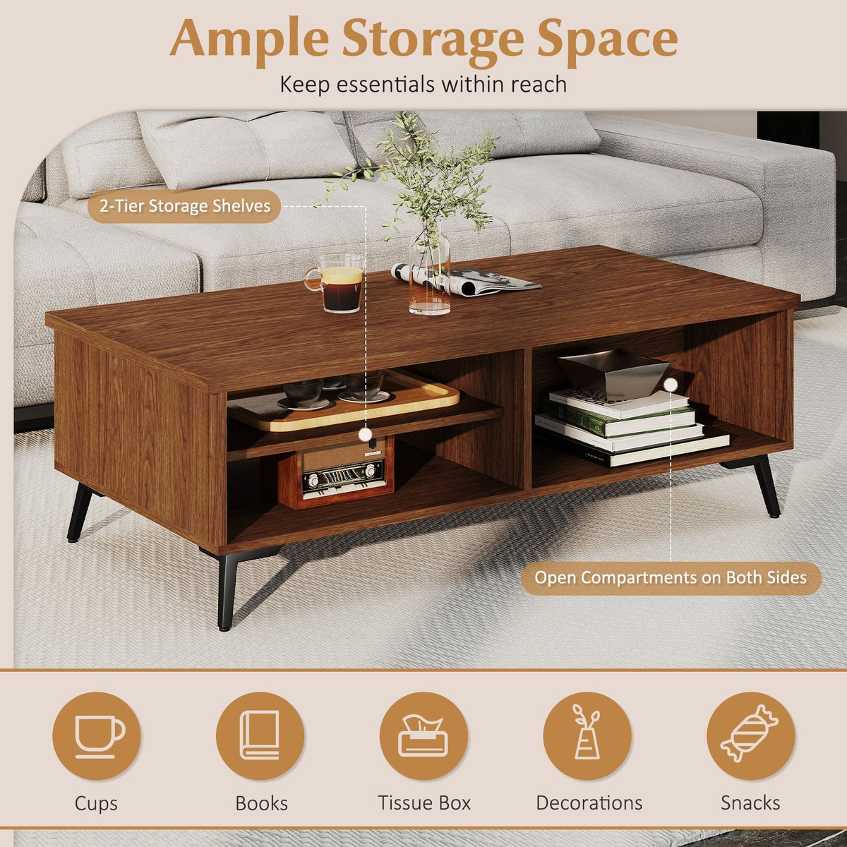2-Tier Mid Century Modern Coffee Table with Storage Shelves Compartments