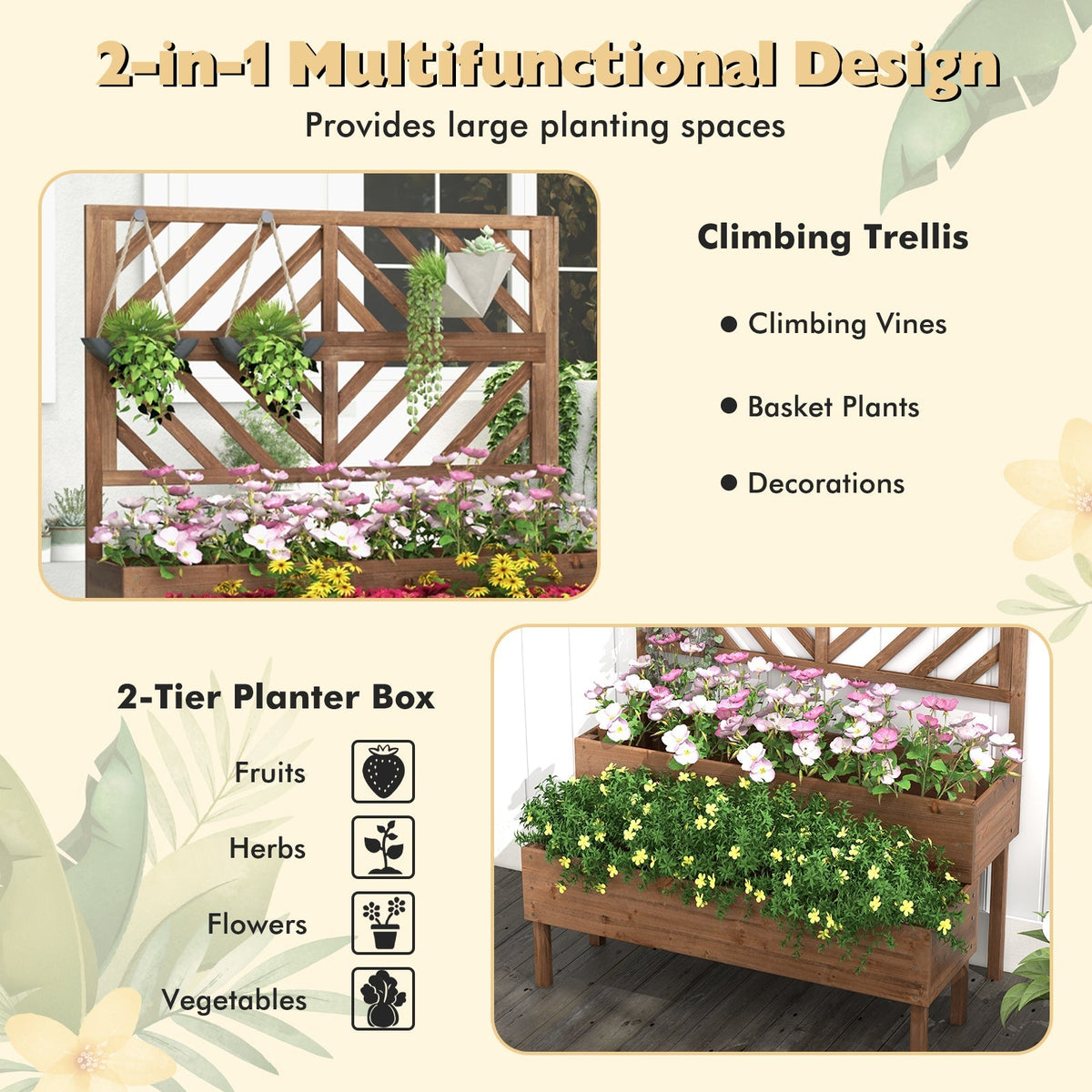 2-Tier Raised Garden Bed with Trellis-Brown